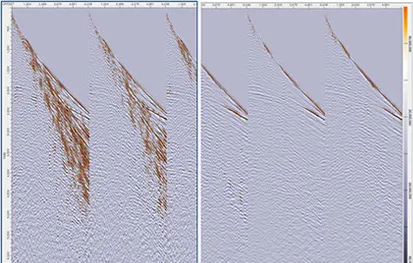 Seismic section before and after noise attenuation