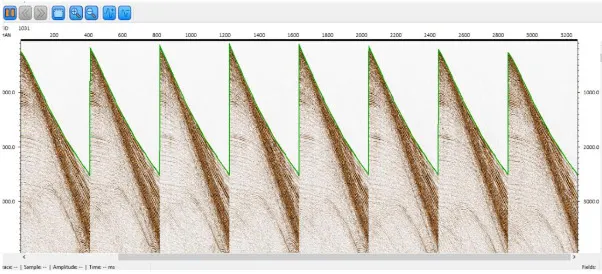Data QC display: shot gather with automatic first-break picking